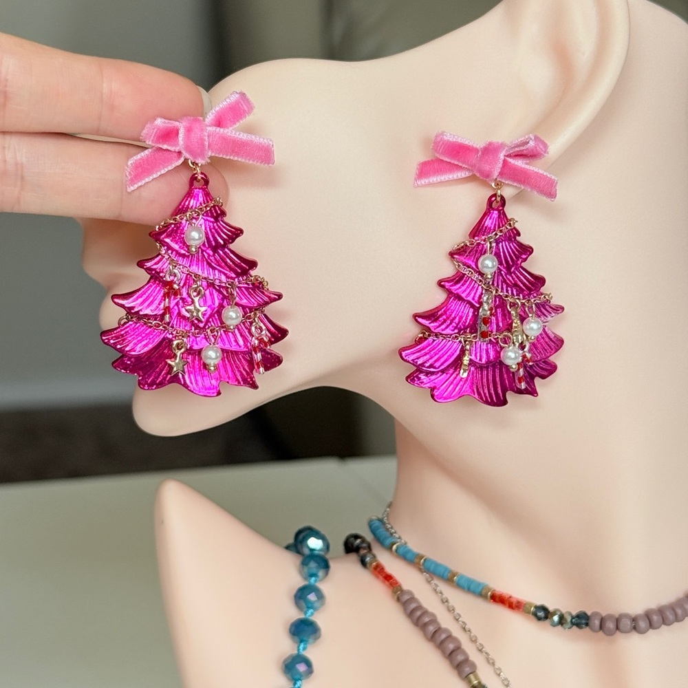 Pink Ribbon Tree Drop Earrings - Picture 11 of 13